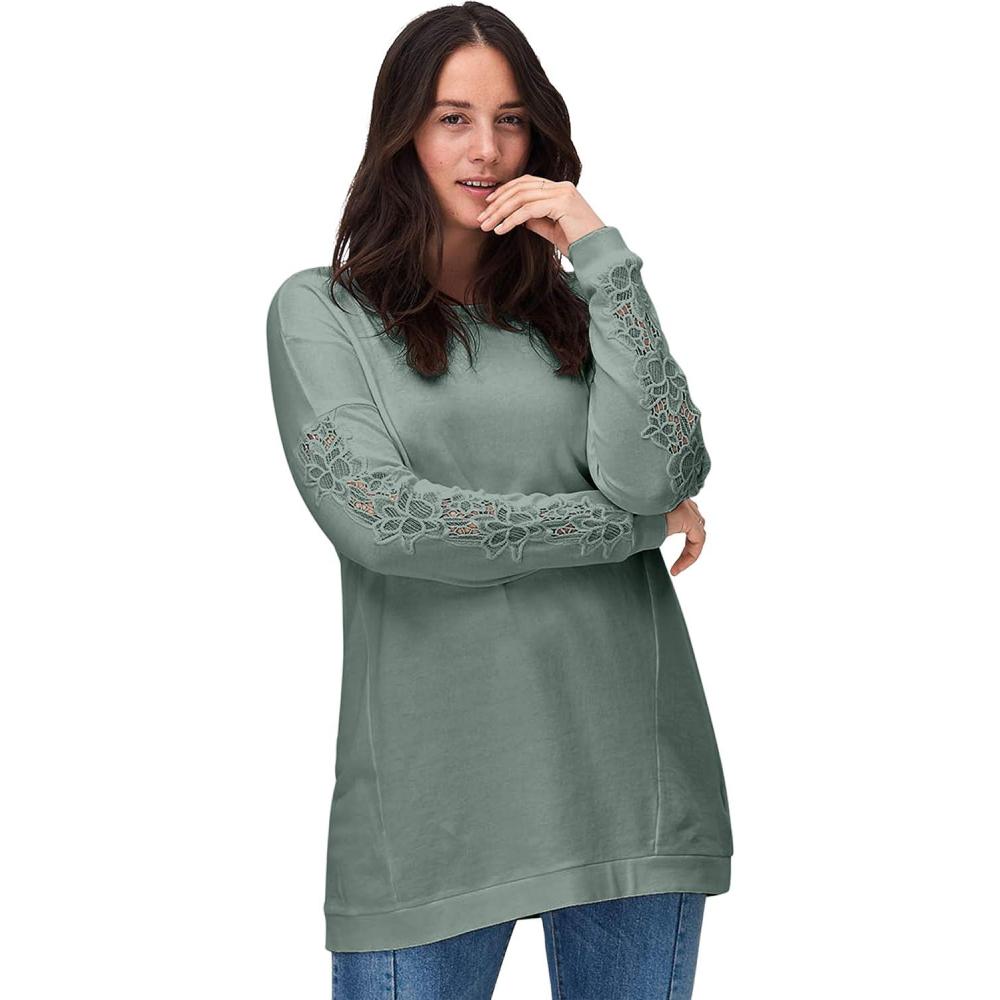 image:imageellos Plus Size French Terry Lace Trim Sweatshirt TunicDusty Pine