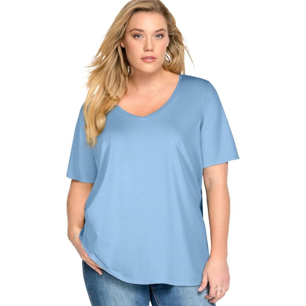 image:imageellos Plus Size Stretch Knit VNeck Short Sleeve TunicBlue Sky