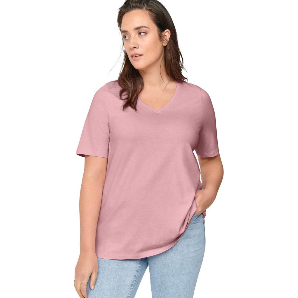 image:imageellos Plus Size Stretch Knit VNeck Short Sleeve TunicPink Sherbert