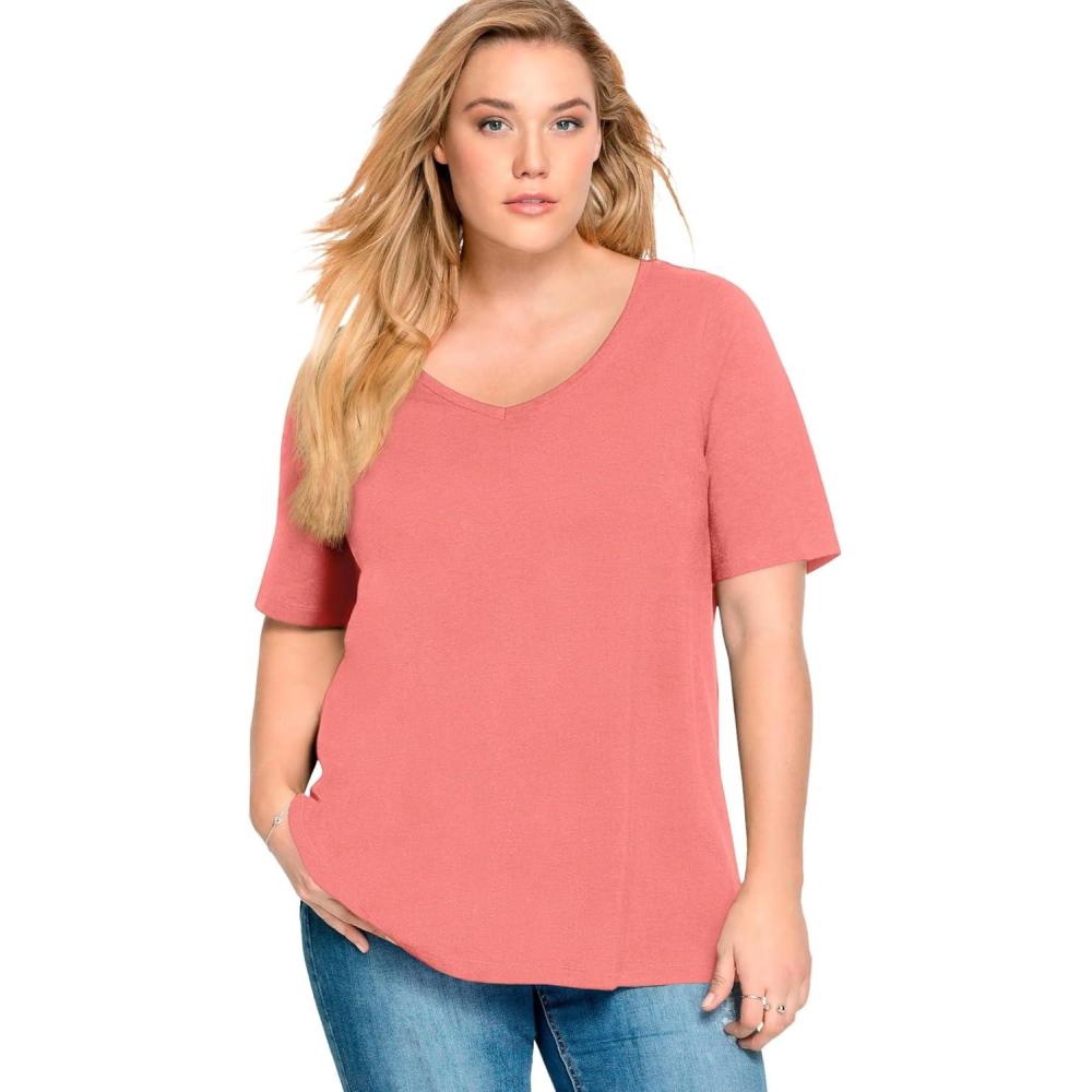 image:imageellos Plus Size Stretch Knit VNeck Short Sleeve TunicSweet Coral