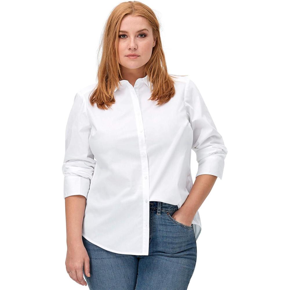 image:imageellos Womens Plus Size Long Sleeve ButtonDown Shirt Oversized Tunic BlouseWhite
