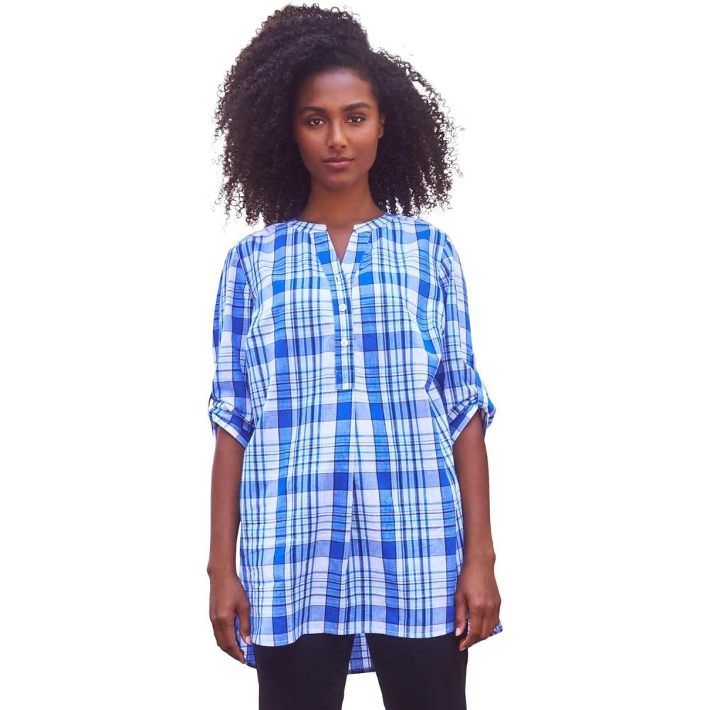 image:imageellos Womens Plus Size Striped Henley Tunic Oversized Long Top Wear with LeggingsBlue Plaid