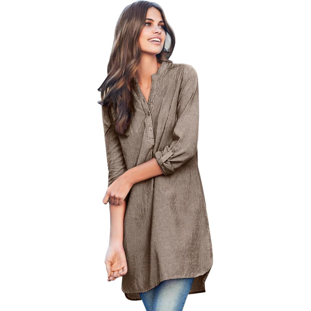 image:imageellos Womens Plus Size Striped Henley Tunic Oversized Long Top Wear with LeggingsBrown Stripe