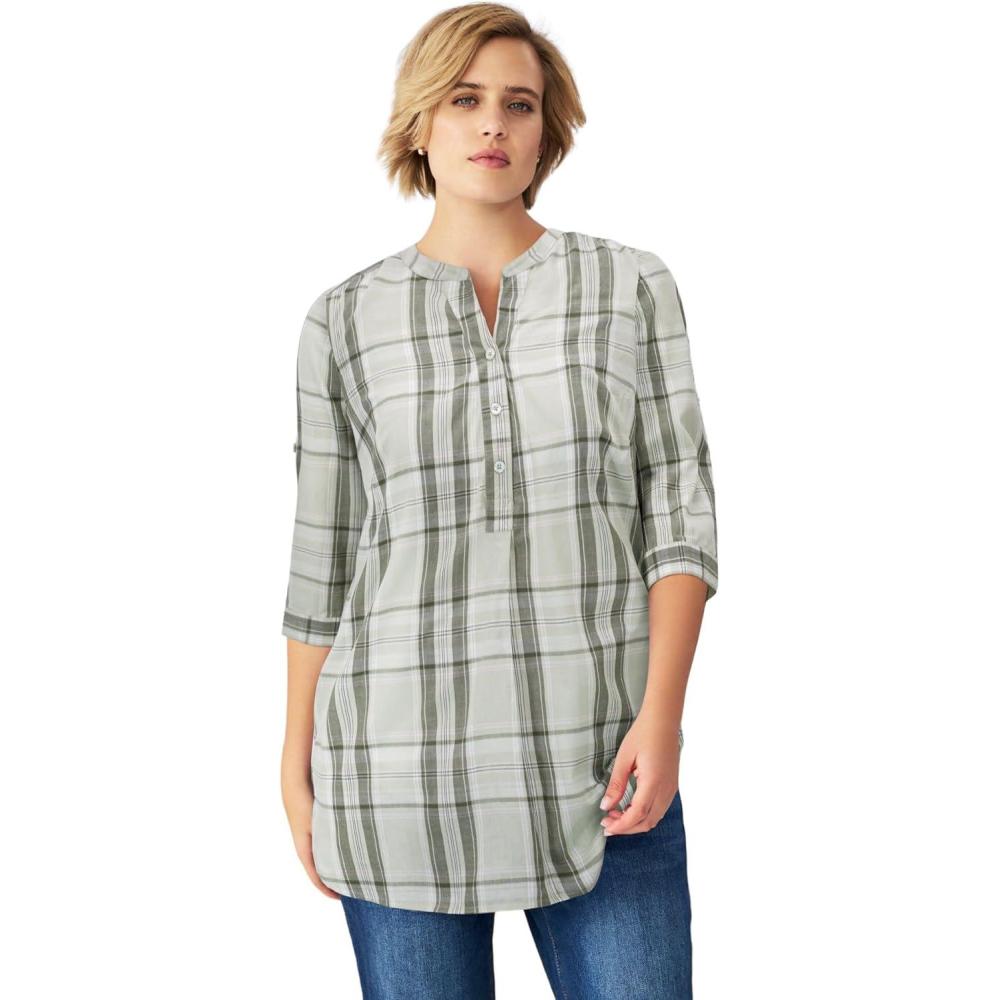 image:imageellos Womens Plus Size Striped Henley Tunic Oversized Long Top Wear with LeggingsDesert Sage Plaid