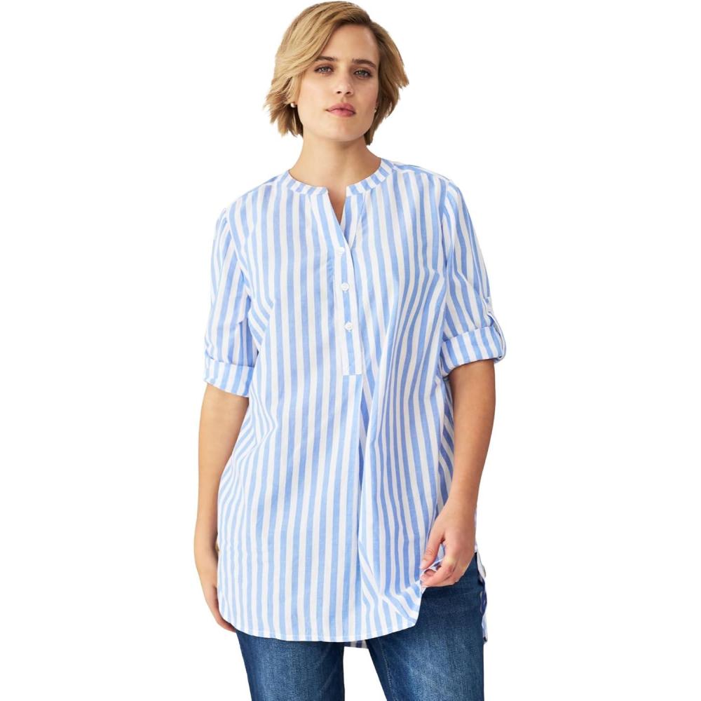image:imageellos Womens Plus Size Striped Henley Tunic Oversized Long Top Wear with LeggingsDream Blue Stripe