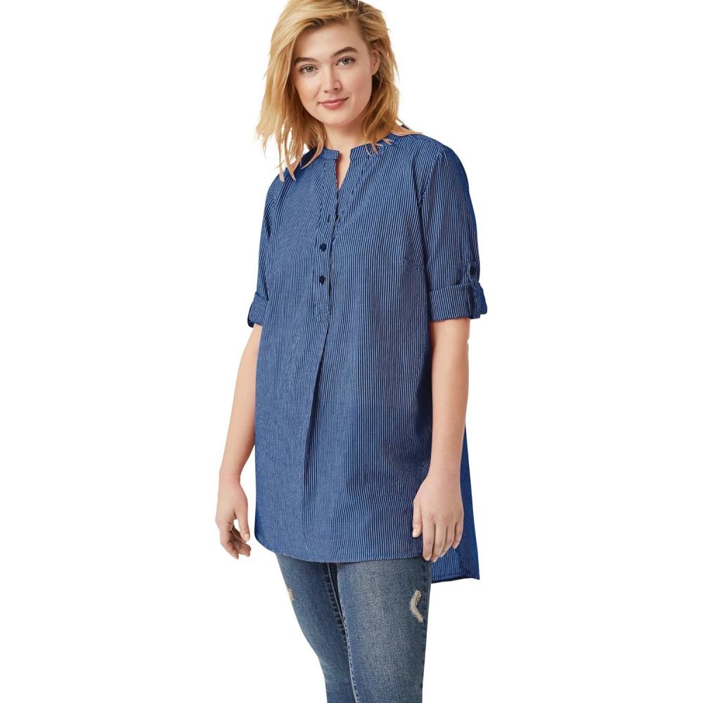 image:imageellos Womens Plus Size Striped Henley Tunic Oversized Long Top Wear with LeggingsRoyal Cobalt Stripe
