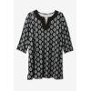 Woman Within Plus Size Contrast Notch-Neck Three-Quarter Sleeve Knit Tunic(Deep Teal Cottage Patch)