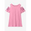 Woman Within Plus Size Short-Sleeve Cold-Shoulder Tee(Pretty Turquoise Dot)