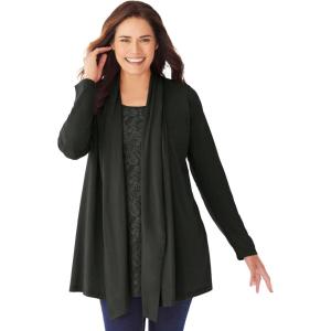 Woman Within Plus Size 2-Fer Cardigan & Attached Lace Tunic(Black)