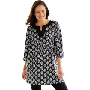 Woman Within Plus Size Contrast Notch-Neck Three-Quarter Sleeve Knit Tunic(Black Dotted Geo)