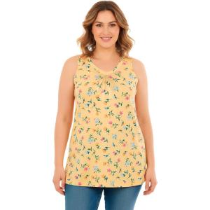 Woman Within Plus Size Perfect Printed Sleeveless Shirred V-Neck Tunic(Banana Tulip Flowers)