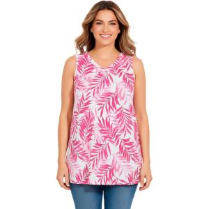 Woman Within Plus Size Perfect Printed Sleeveless Shirred V-Neck Tunic(Raspberry Palm Leaves)