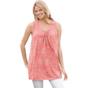 Woman Within Plus Size Perfect Printed Sleeveless Shirred V-Neck Tunic(Sweet Coral Palm)