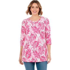 Woman Within Plus Size Perfect Printed Three-Quarter-Sleeve Scoopneck Tunic(Raspberry Palm Leaves)