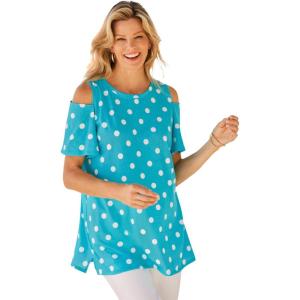 Woman Within Plus Size Short-Sleeve Cold-Shoulder Tee(Pretty Turquoise Dot)
