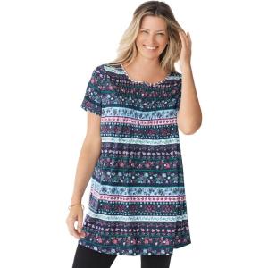 Woman Within Plus Size Short-Sleeve Pintucked Henley Tunic(Navy Patchwork Stripe)