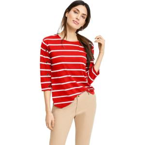 ellos Plus Size Cotton Spandex Boat Neck 3/4 Sleeve Button Trim Tee(Radiant Red White Stripe)