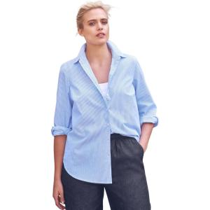 ellos Women’s Plus Size Long Sleeve Button-Down Shirt Oversized Tunic Blouse(French Blue White Stripe)
