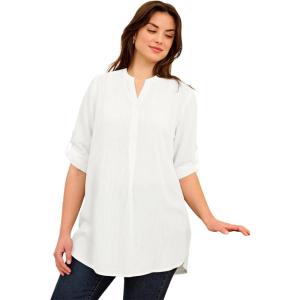 ellos Women’s Plus Size Striped Henley Tunic Oversized Long Top Wear with Leggings(Black Stripe)
