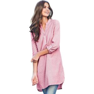 ellos Women’s Plus Size Striped Henley Tunic Oversized Long Top Wear with Leggings(Bright Cherry Stripe)