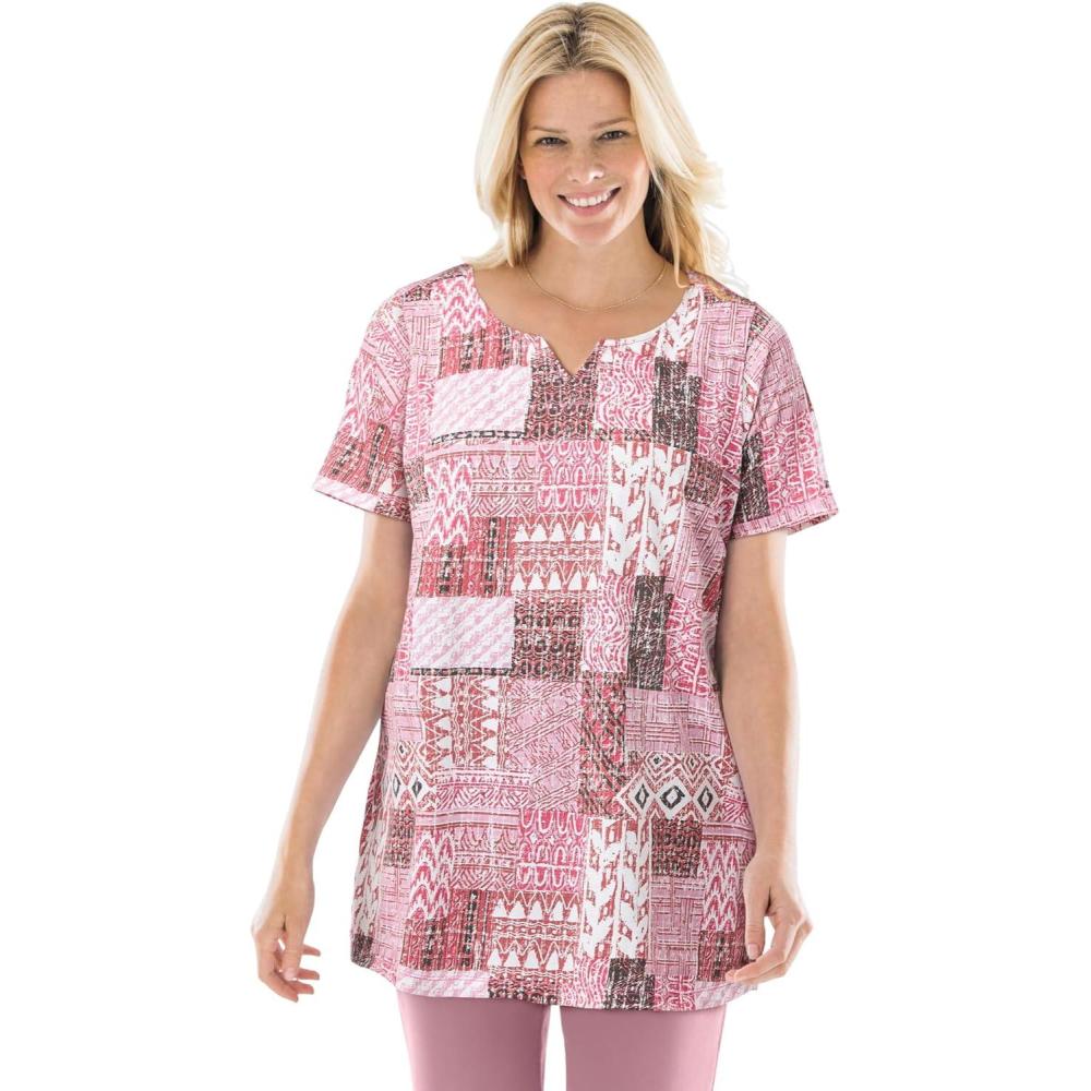 image:imageWoman Within Plus Size 7Day NotchNeck TunicDusty Pink Geo Patchwork