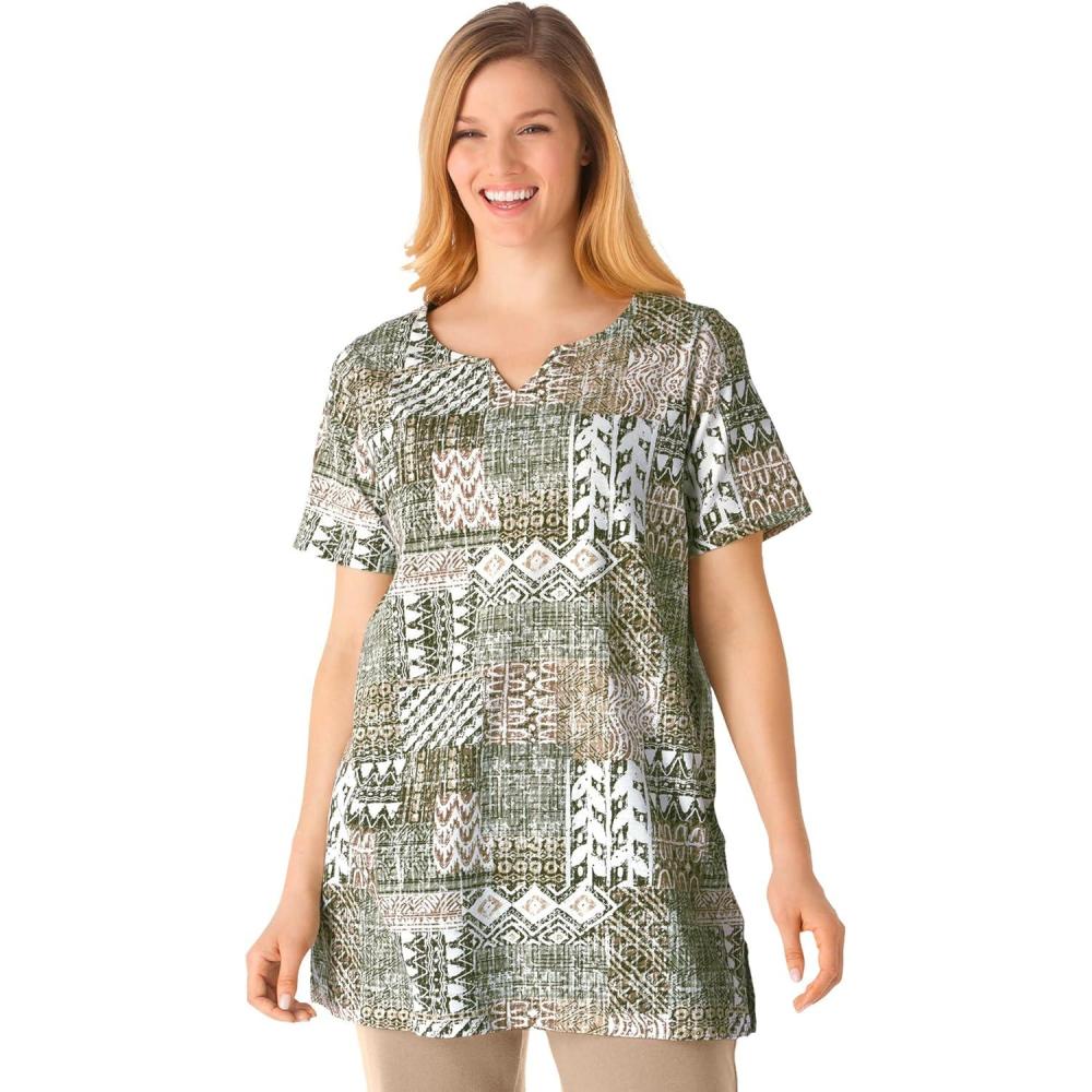 image:imageWoman Within Plus Size 7Day NotchNeck TunicOlive Green Geo Patchwork