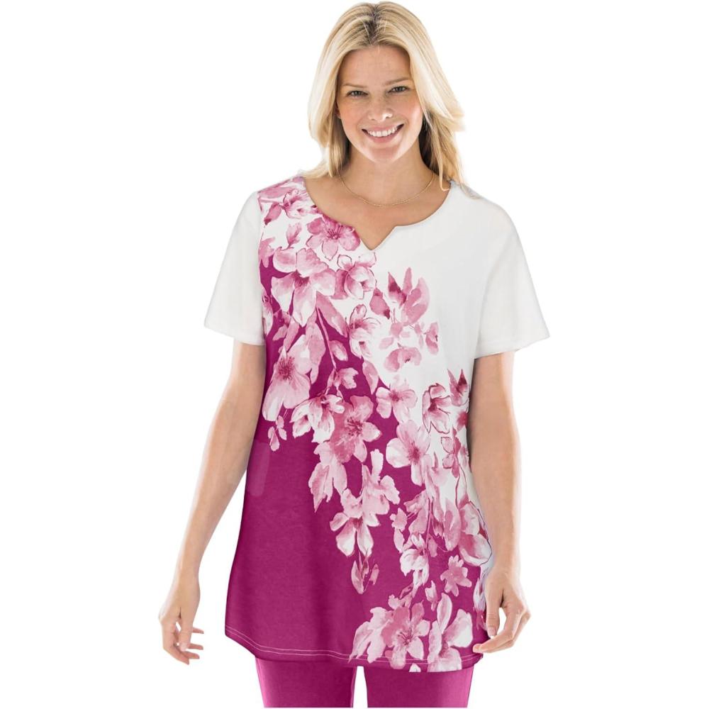 image:imageWoman Within Plus Size 7Day NotchNeck TunicRaspberry Diagonal Floral