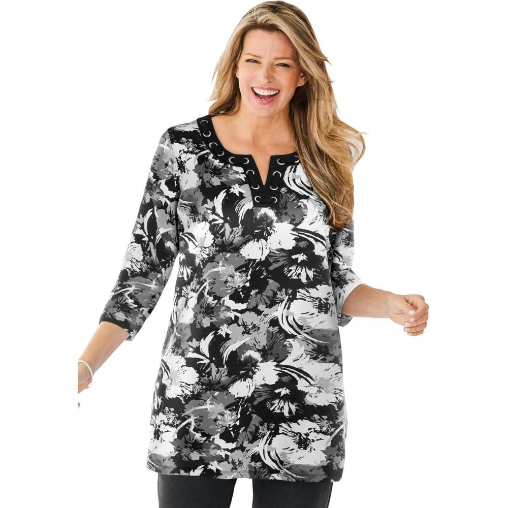 image:imageWoman Within Plus Size 7Day ThreeQuarter Sleeve Grommet Notch TunicBlack Graphic Floral