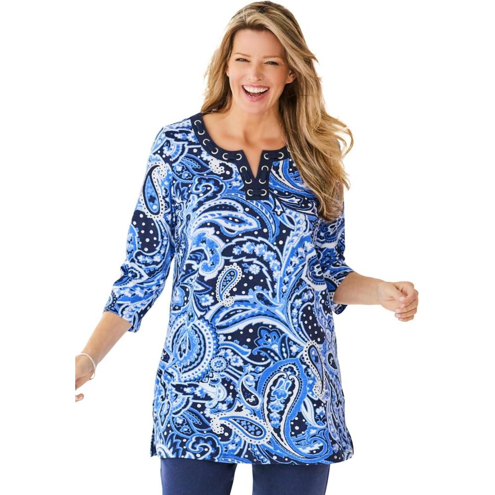 image:imageWoman Within Plus Size 7Day ThreeQuarter Sleeve Grommet Notch TunicNavy Paisley