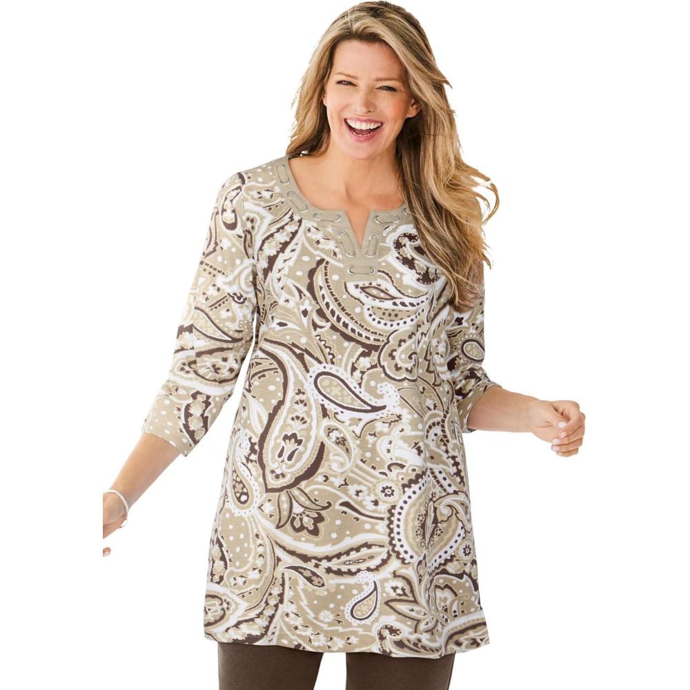 image:imageWoman Within Plus Size 7Day ThreeQuarter Sleeve Grommet Notch TunicNew Khaki Paisley