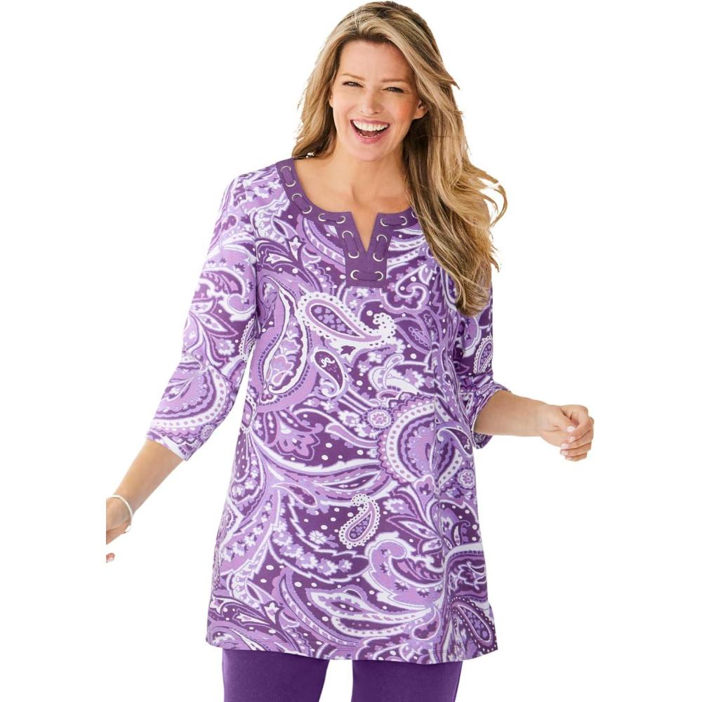 image:imageWoman Within Plus Size 7Day ThreeQuarter Sleeve Grommet Notch TunicRadiant Purple Paisley
