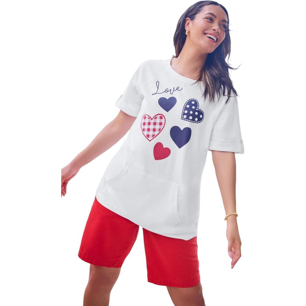 image:imageWoman Within Plus Size Americana Kangaroo Pocket TeeWhite Heartland Hearts