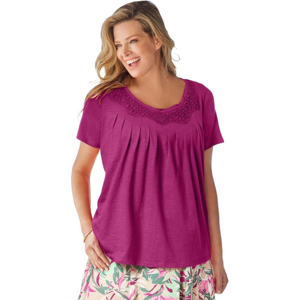 image:imageWoman Within Plus Size CrochetTrim Knit TopRaspberry