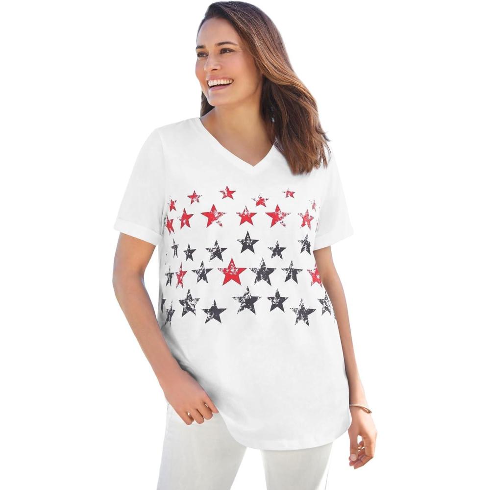 image:imageWoman Within Plus Size Cuffed Americana Print TeeRed White Blue Stars