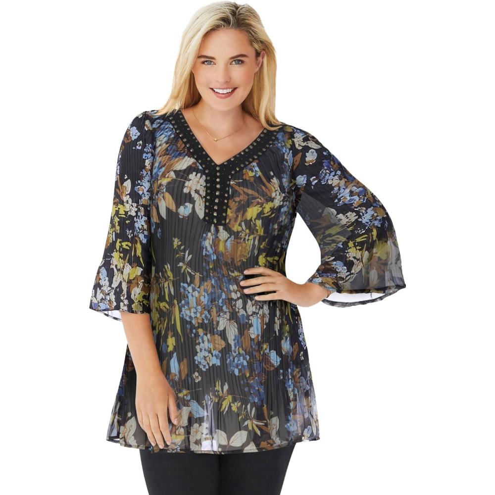 image:imageWoman Within Plus Size Embellished Pleated BlouseBlack Lilac Floral