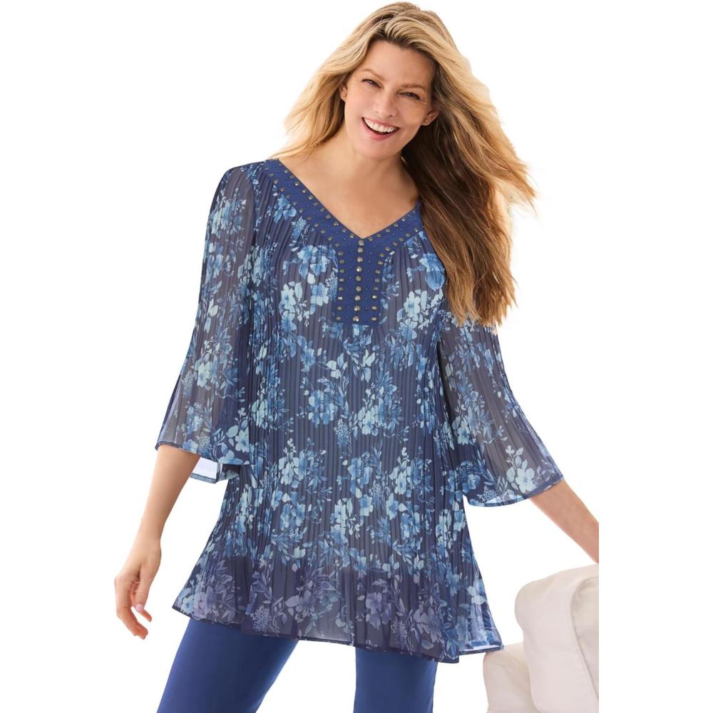 image:imageWoman Within Plus Size Embellished Pleated BlouseNavy Painterly Bouquet