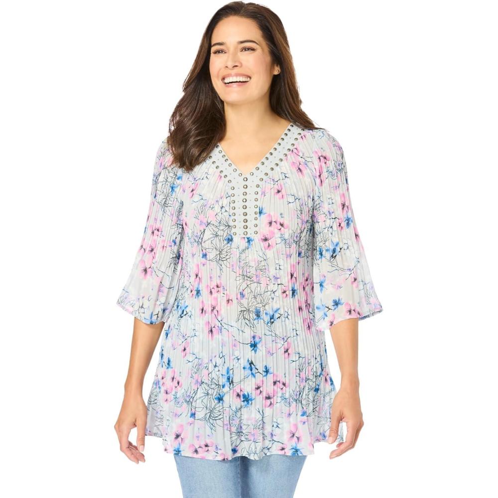 image:imageWoman Within Plus Size Embellished Pleated BlousePearl Grey Orchid