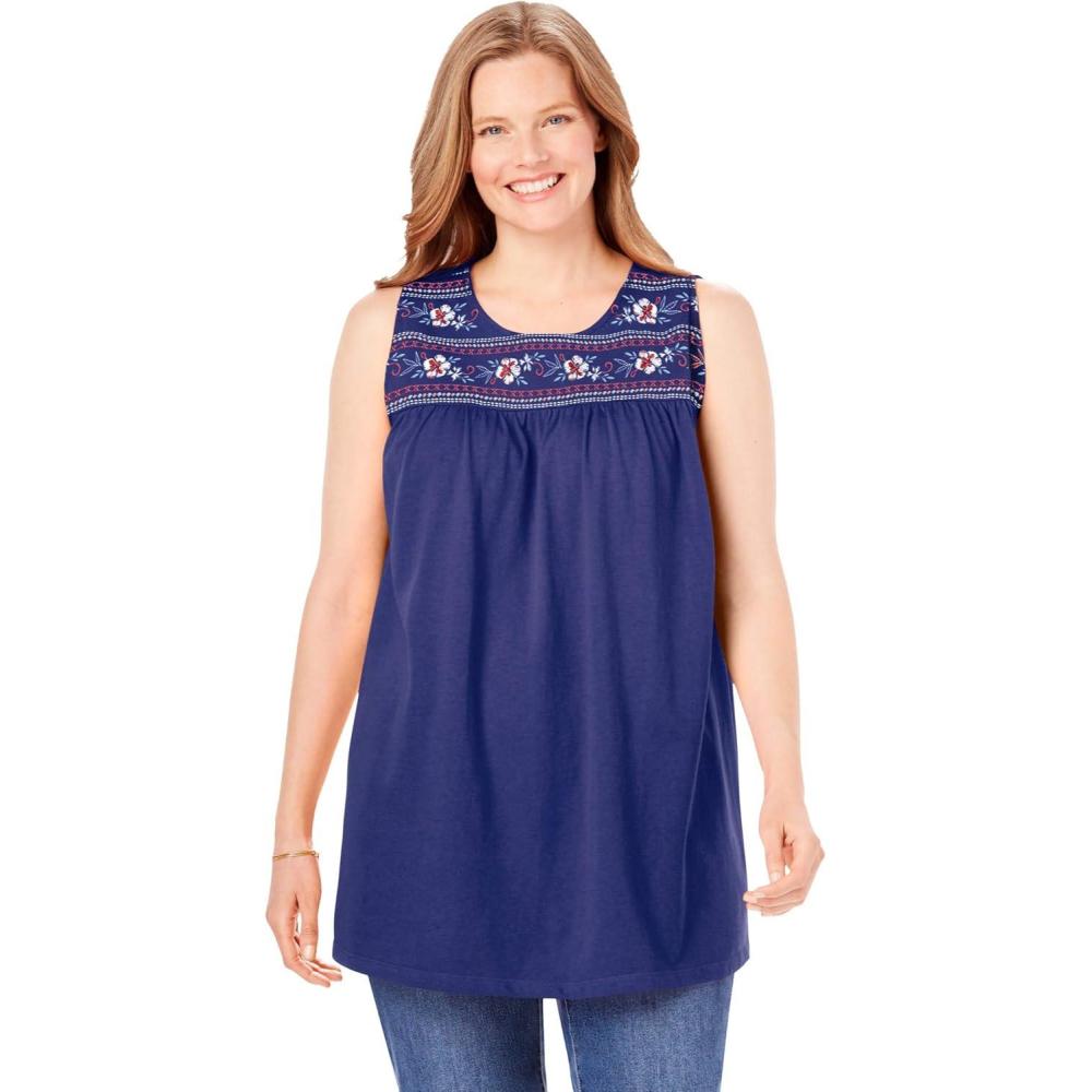 image:imageWoman Within Plus Size Embroidered Crewneck TankEvening Blue Embroidery
