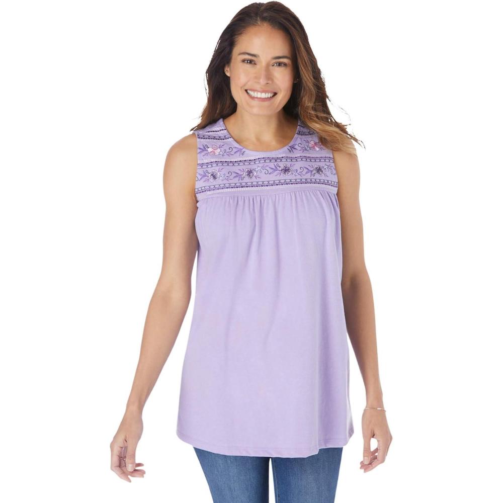 image:imageWoman Within Plus Size Embroidered Crewneck TankSoft Iris Embroidery
