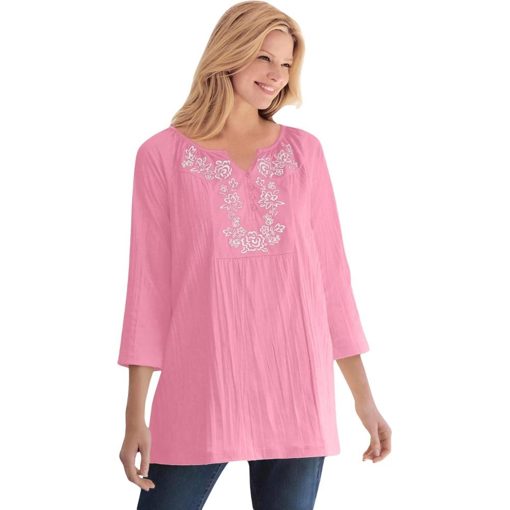 image:imageWoman Within Plus Size Embroidered Crinkle TunicDelicate Pink Rose Embroidery