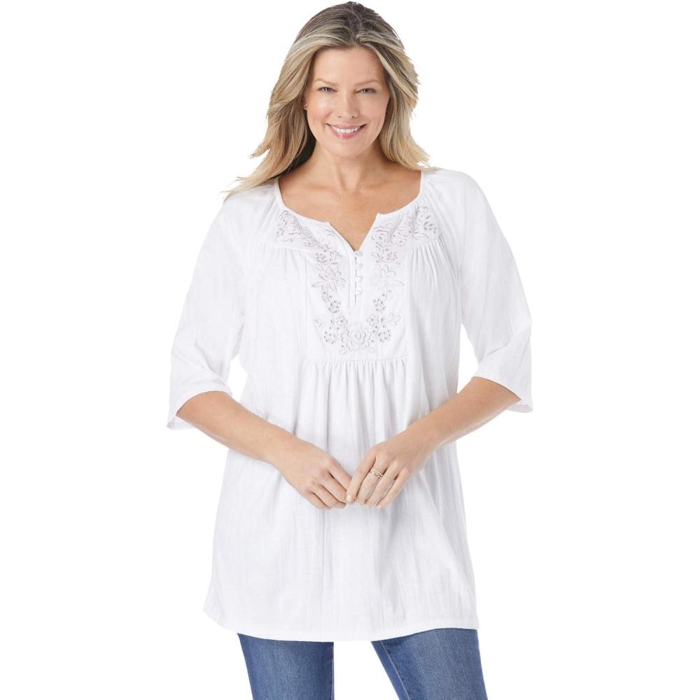 image:imageWoman Within Plus Size Embroidered Crinkle TunicWhite Rose Embroidery