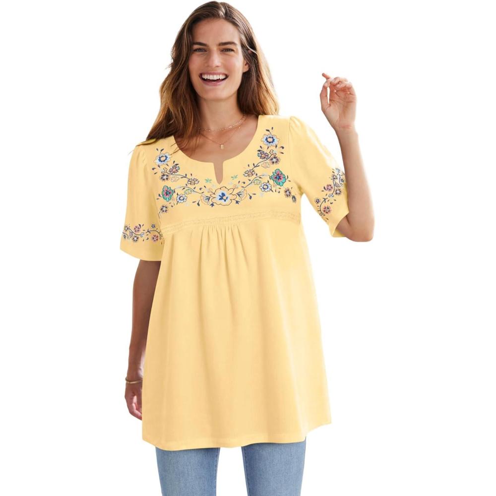 image:imageWoman Within Plus Size Embroidered SplitNeck TunicBanana Floral Embroidery