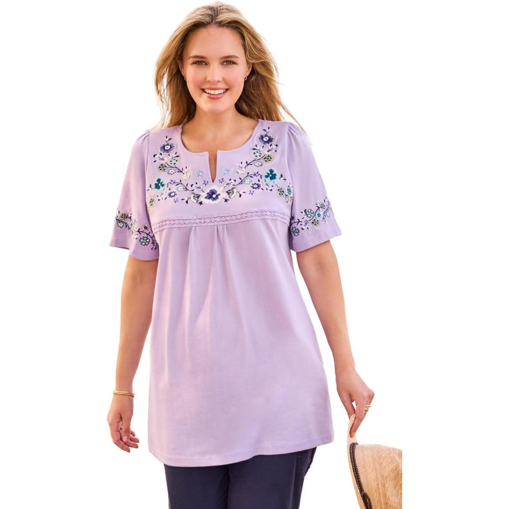 image:imageWoman Within Plus Size Embroidered SplitNeck TunicLilac Floral Embroidery