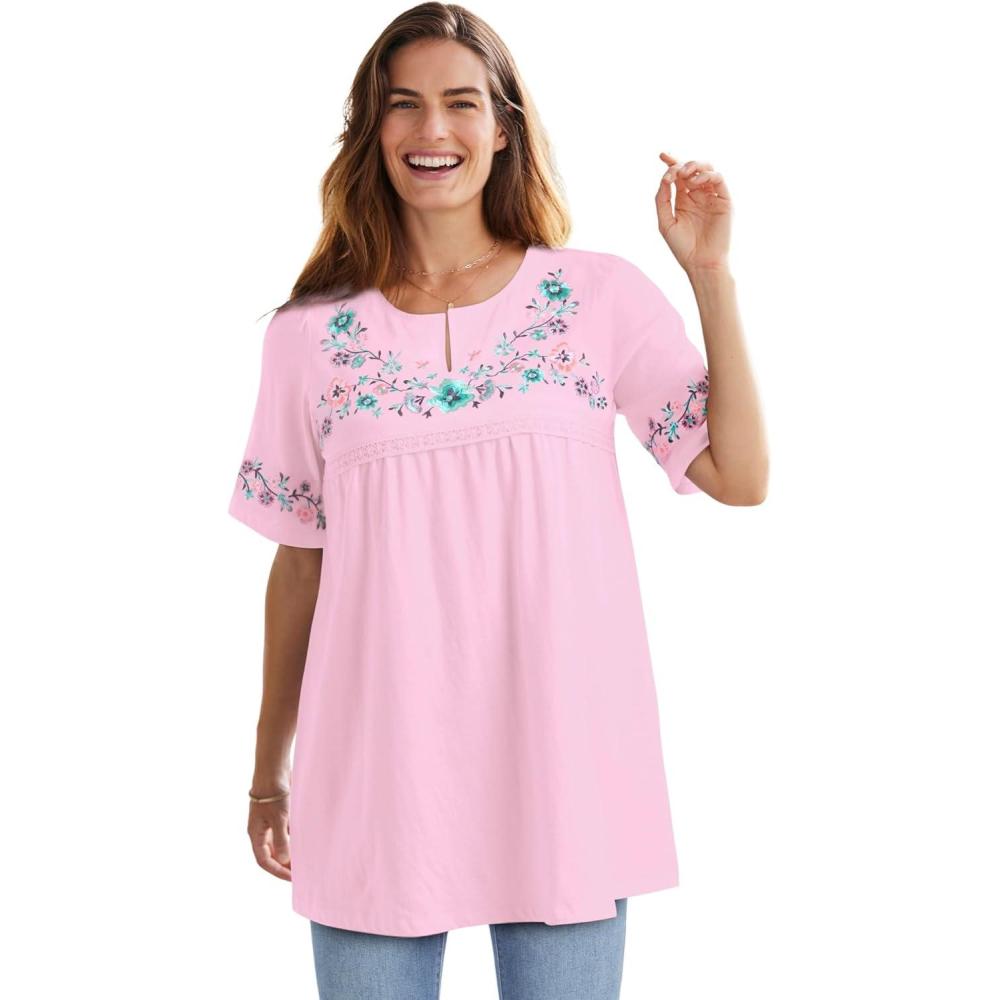 image:imageWoman Within Plus Size Embroidered SplitNeck TunicPink Floral Embroidery