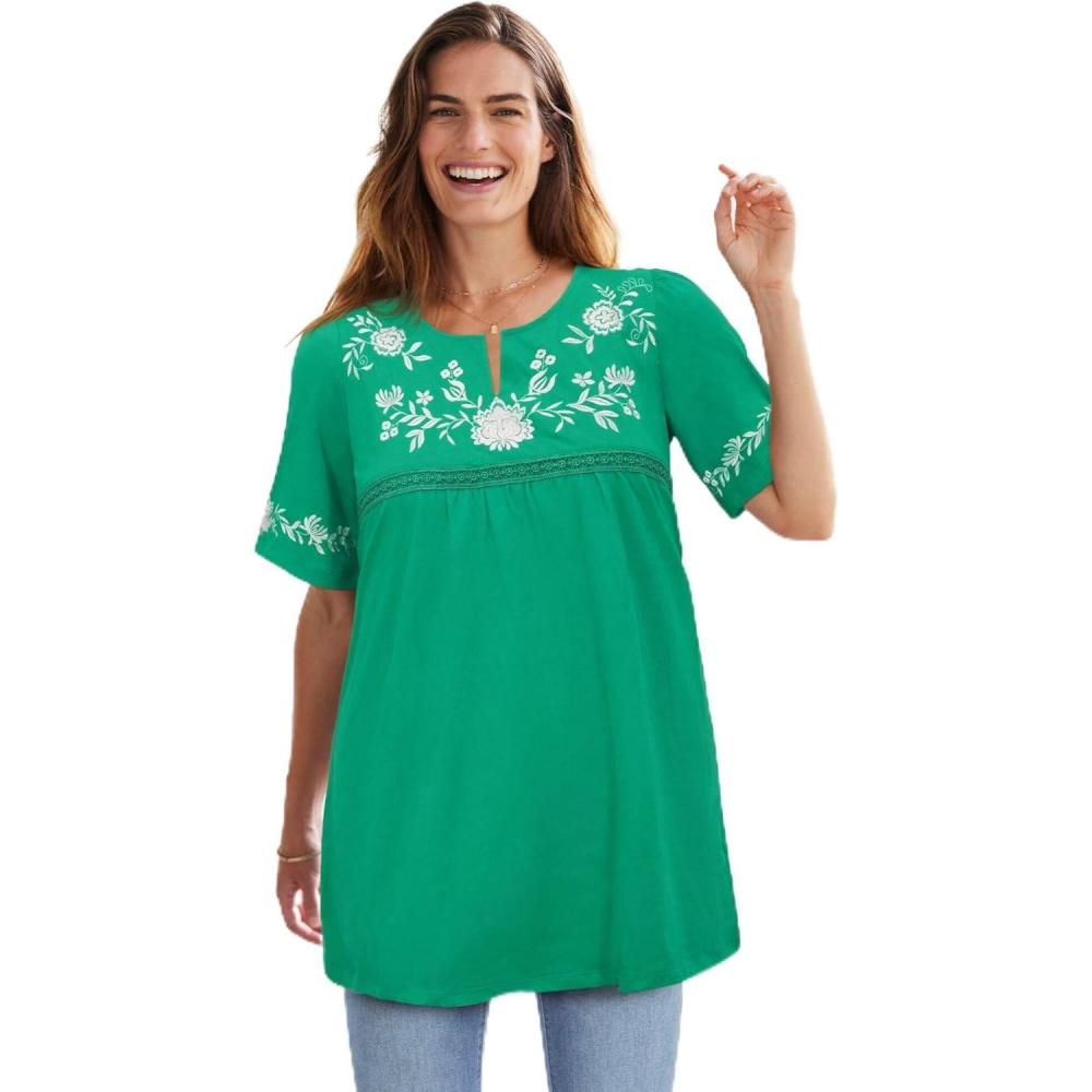image:imageWoman Within Plus Size Embroidered SplitNeck TunicTropical Emerald Vine Embroidery