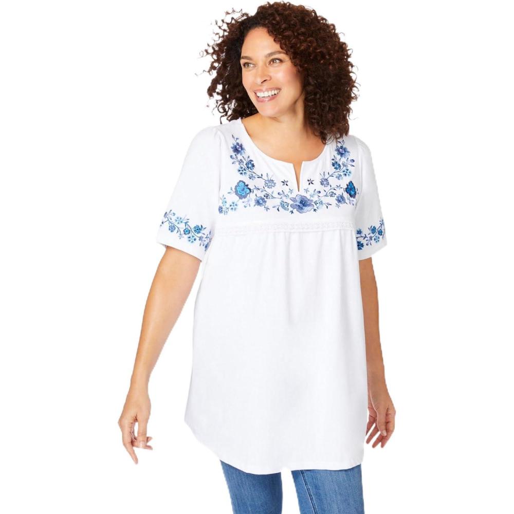 image:imageWoman Within Plus Size Embroidered SplitNeck TunicWhite Floral Embroidery
