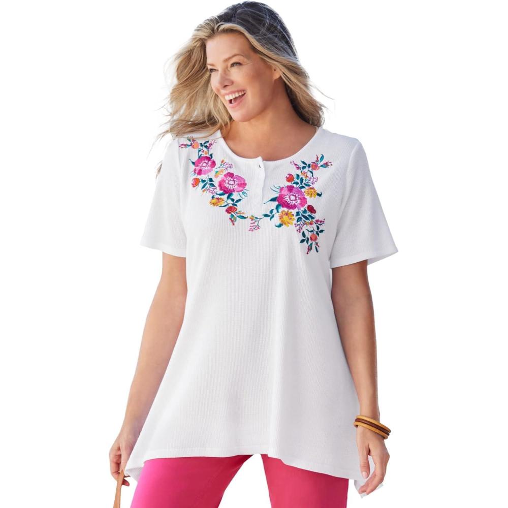 image:imageWoman Within Plus Size Embroidered Thermal TunicWhite Blooming Embroidery