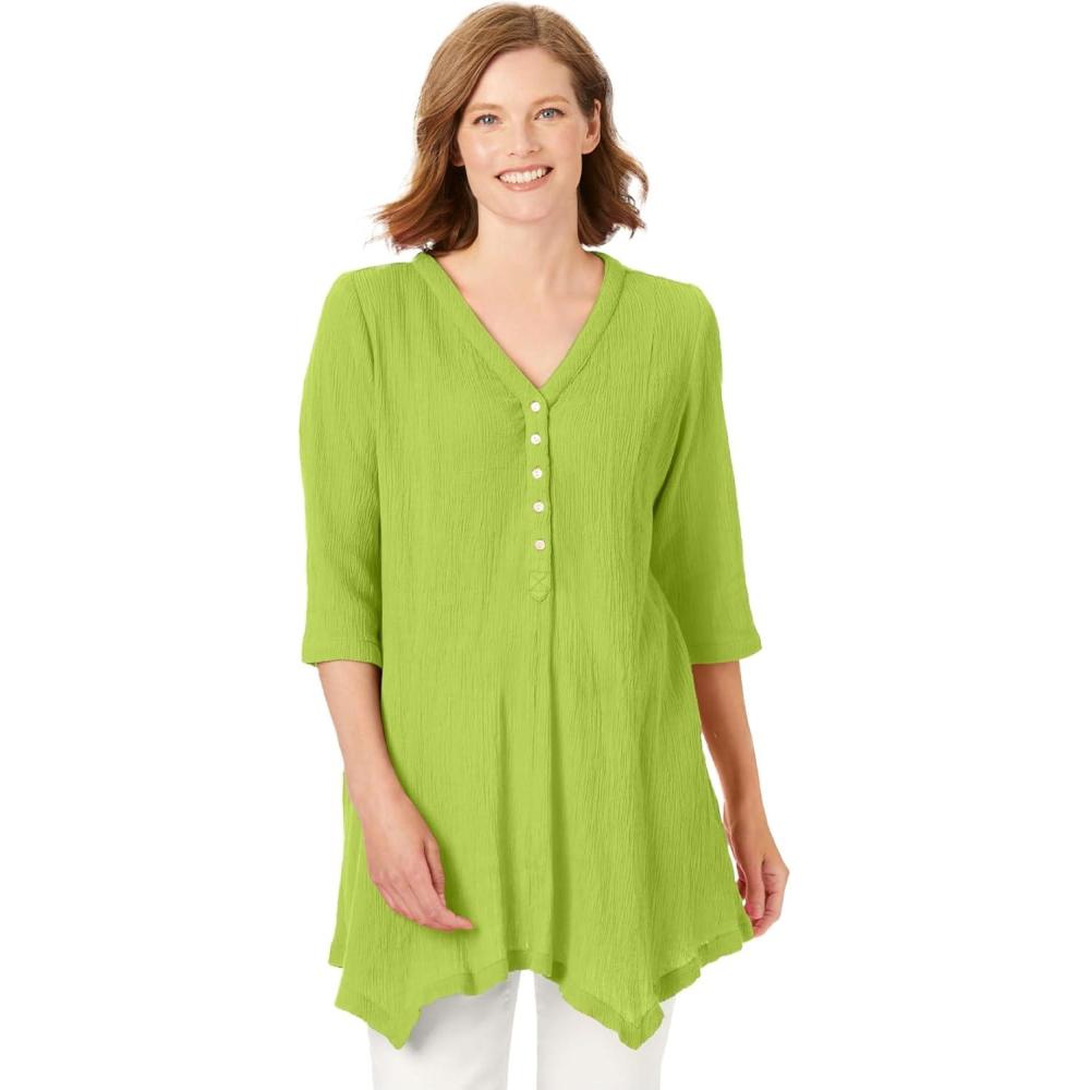 image:imageWoman Within Plus Size Handkerchief Hem Henley TunicLime