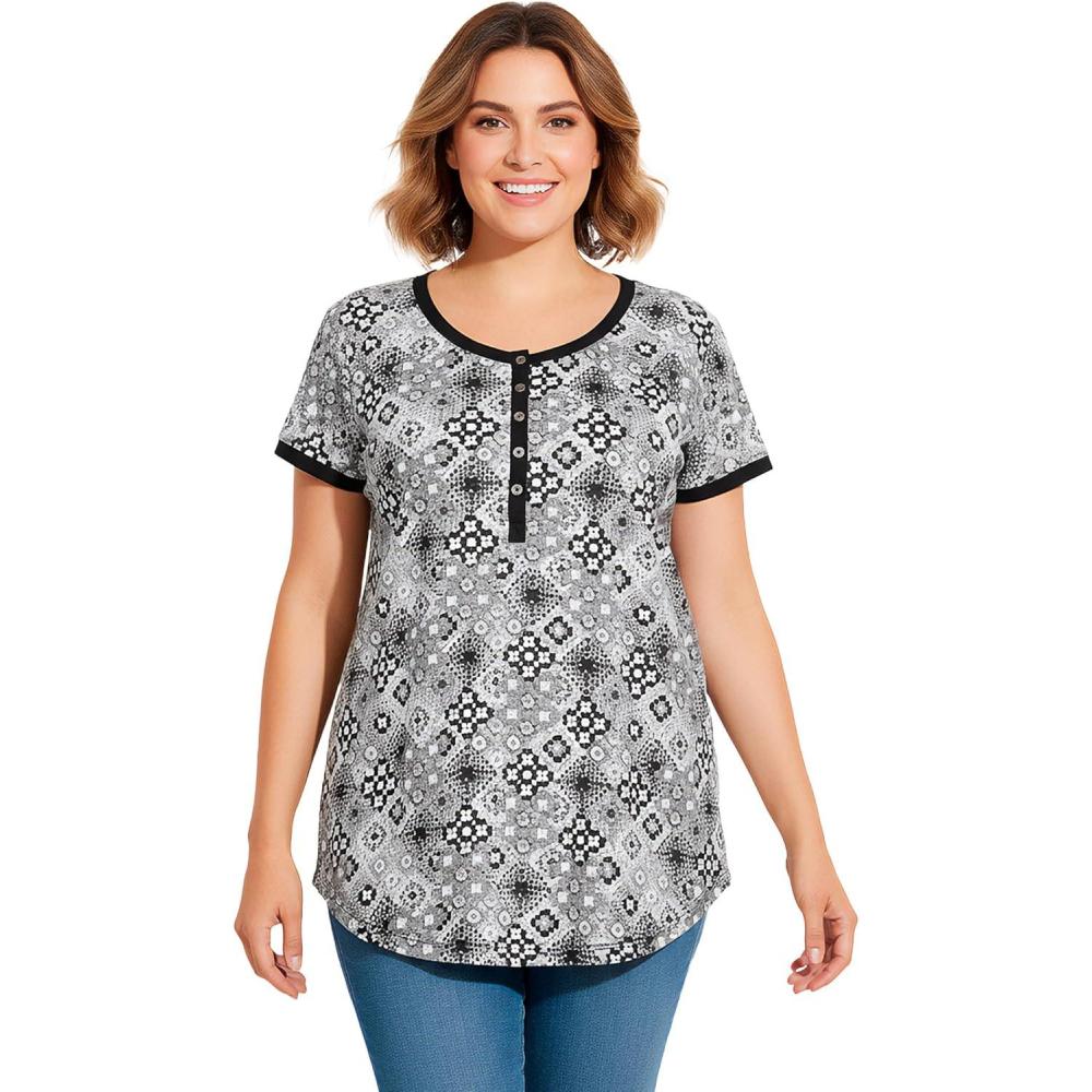 image:imageWoman Within Plus Size Knit Henley TunicBlack Tile Patchwork