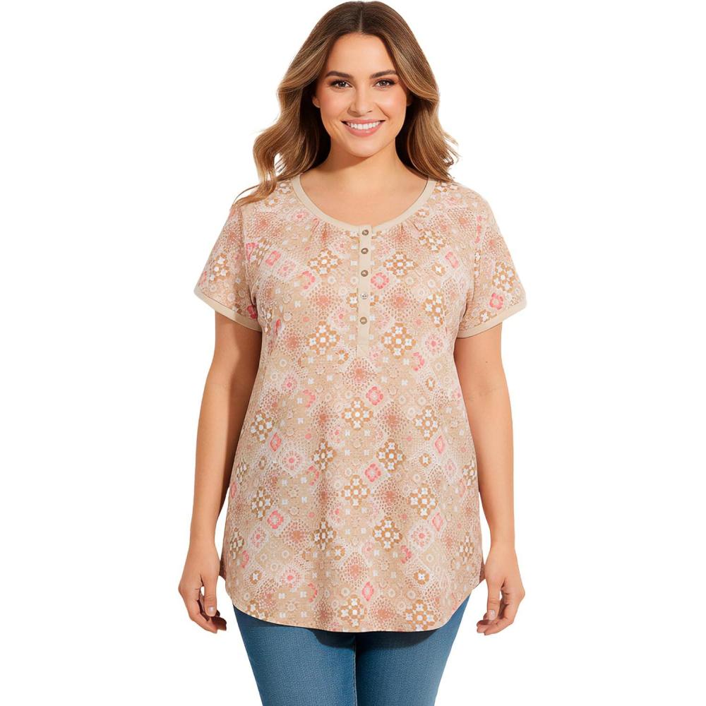 image:imageWoman Within Plus Size Knit Henley TunicNew Khaki Tile Patchwork